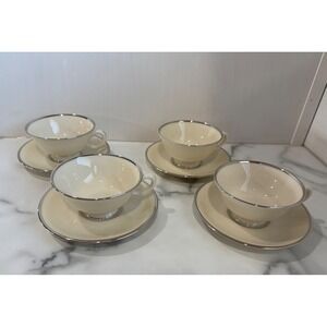 4 pair Lenox Montclair Platinum‎ Footed Cup Teacup & Saucer Set EUC!